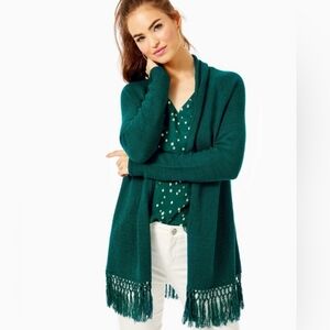Lilly Pulitzer Green Tatum Long Fringed Cardigan Sweater